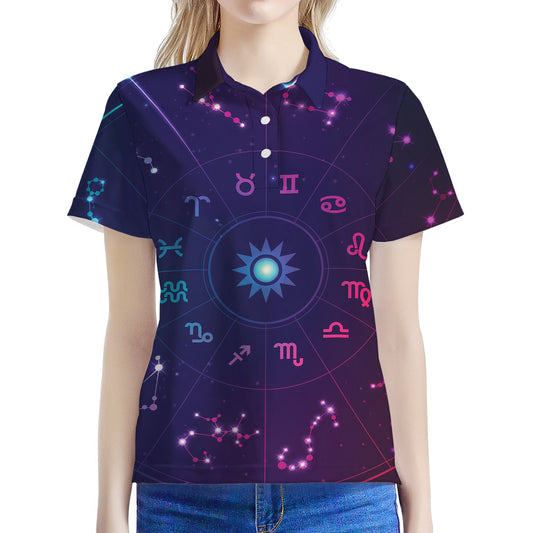 Zodiac Symbols Wheel Print Women's Polo Shirt