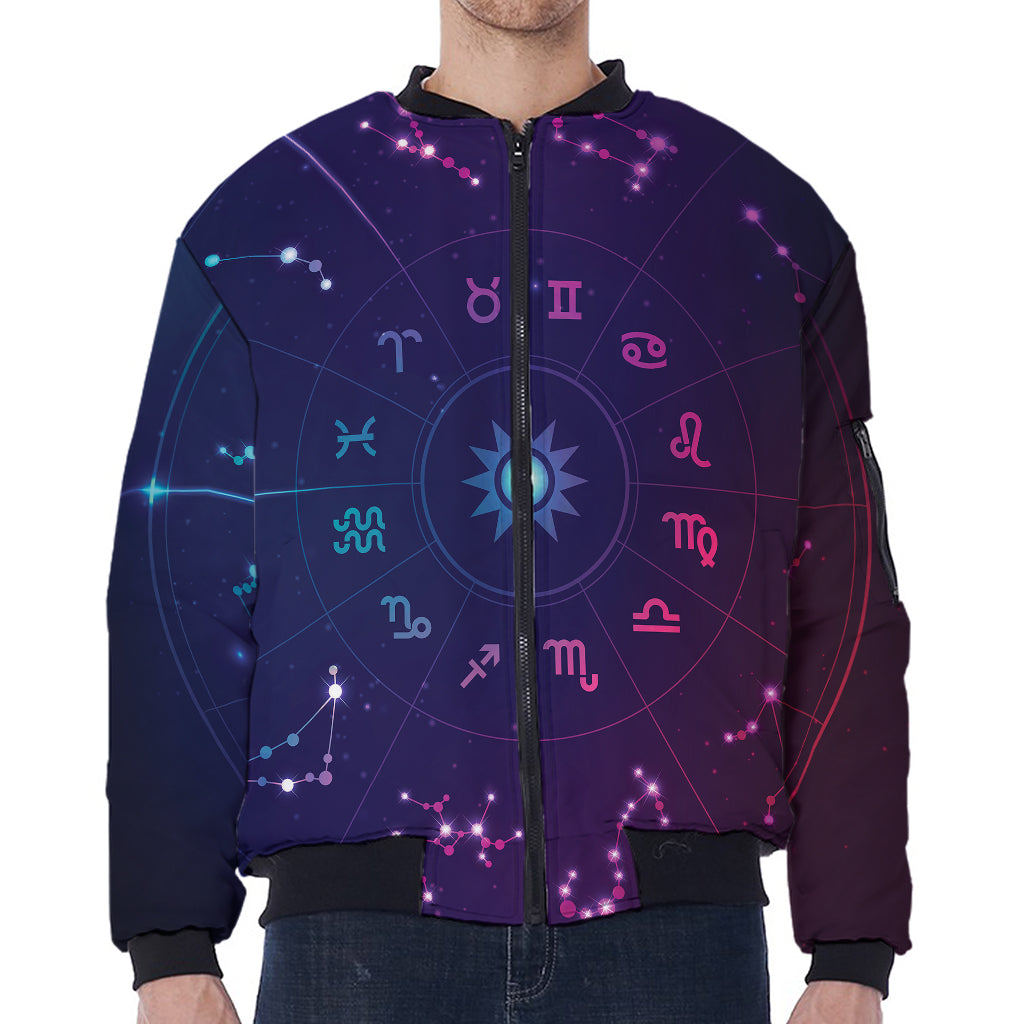 Zodiac Symbols Wheel Print Zip Sleeve Bomber Jacket