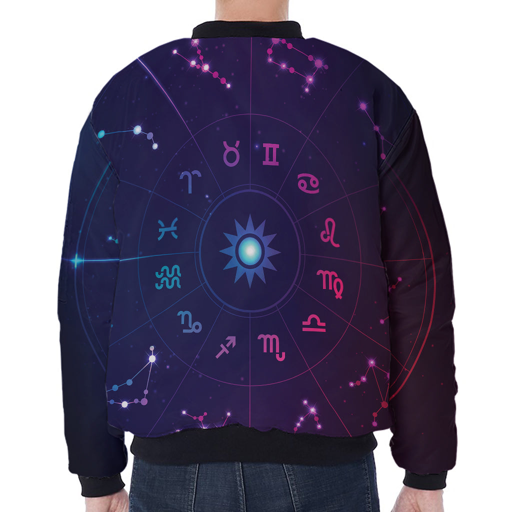 Zodiac Symbols Wheel Print Zip Sleeve Bomber Jacket