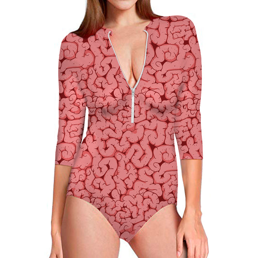 Zombie Brain Print Long Sleeve Swimsuit
