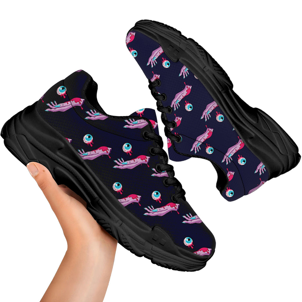Zombie Eyeball Pattern Print Black Chunky Shoes