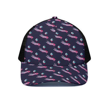 Zombie Eyeball Pattern Print Black Mesh Trucker Cap