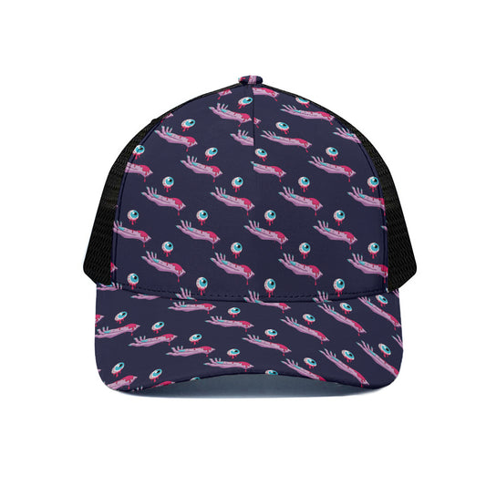 Zombie Eyeball Pattern Print Black Mesh Trucker Cap