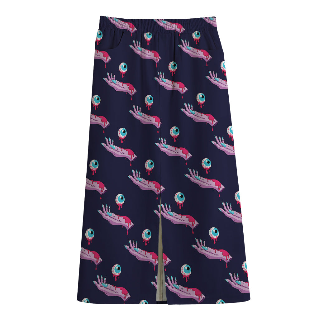 Zombie Eyeball Pattern Print Cotton Front Slit Maxi Skirt