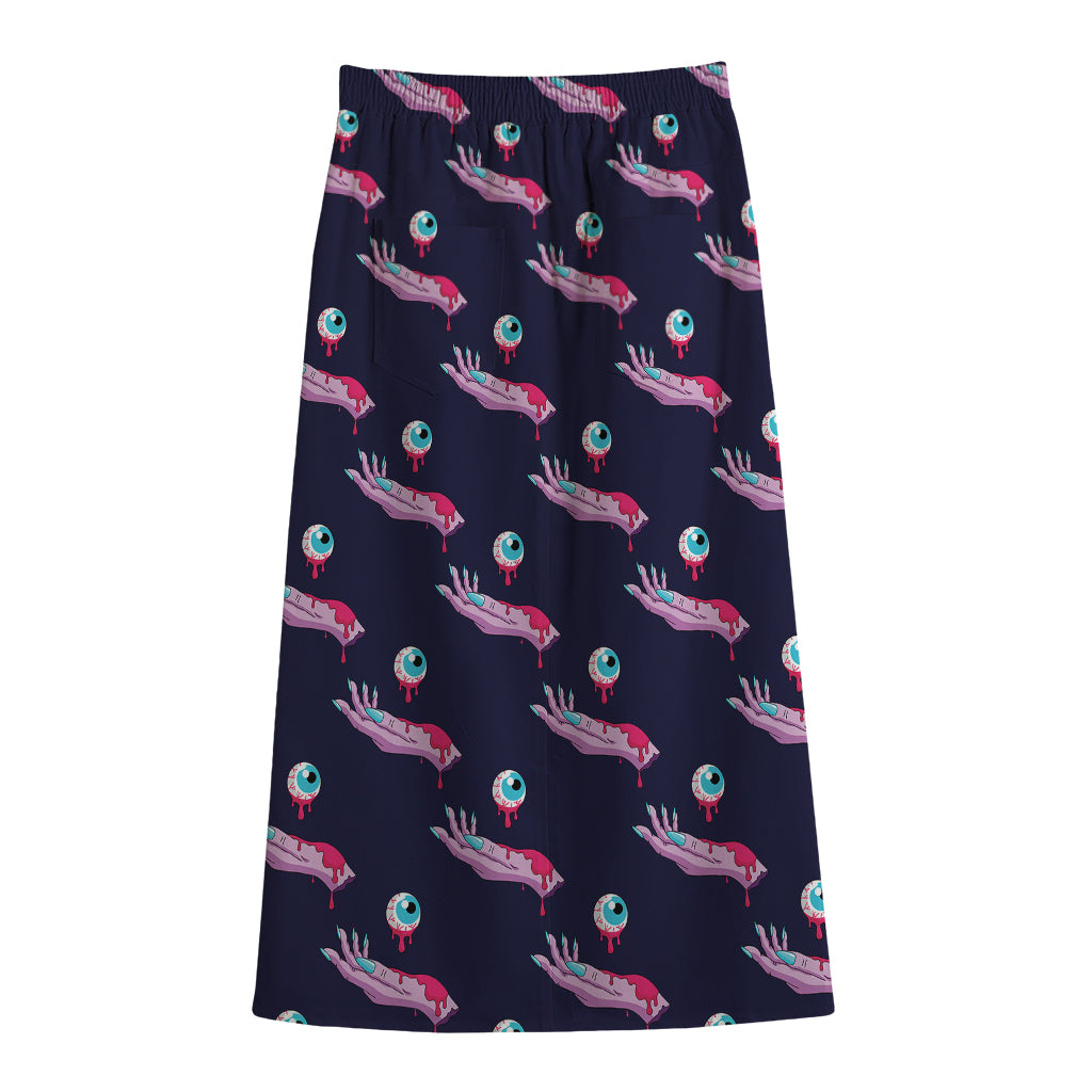 Zombie Eyeball Pattern Print Cotton Front Slit Maxi Skirt