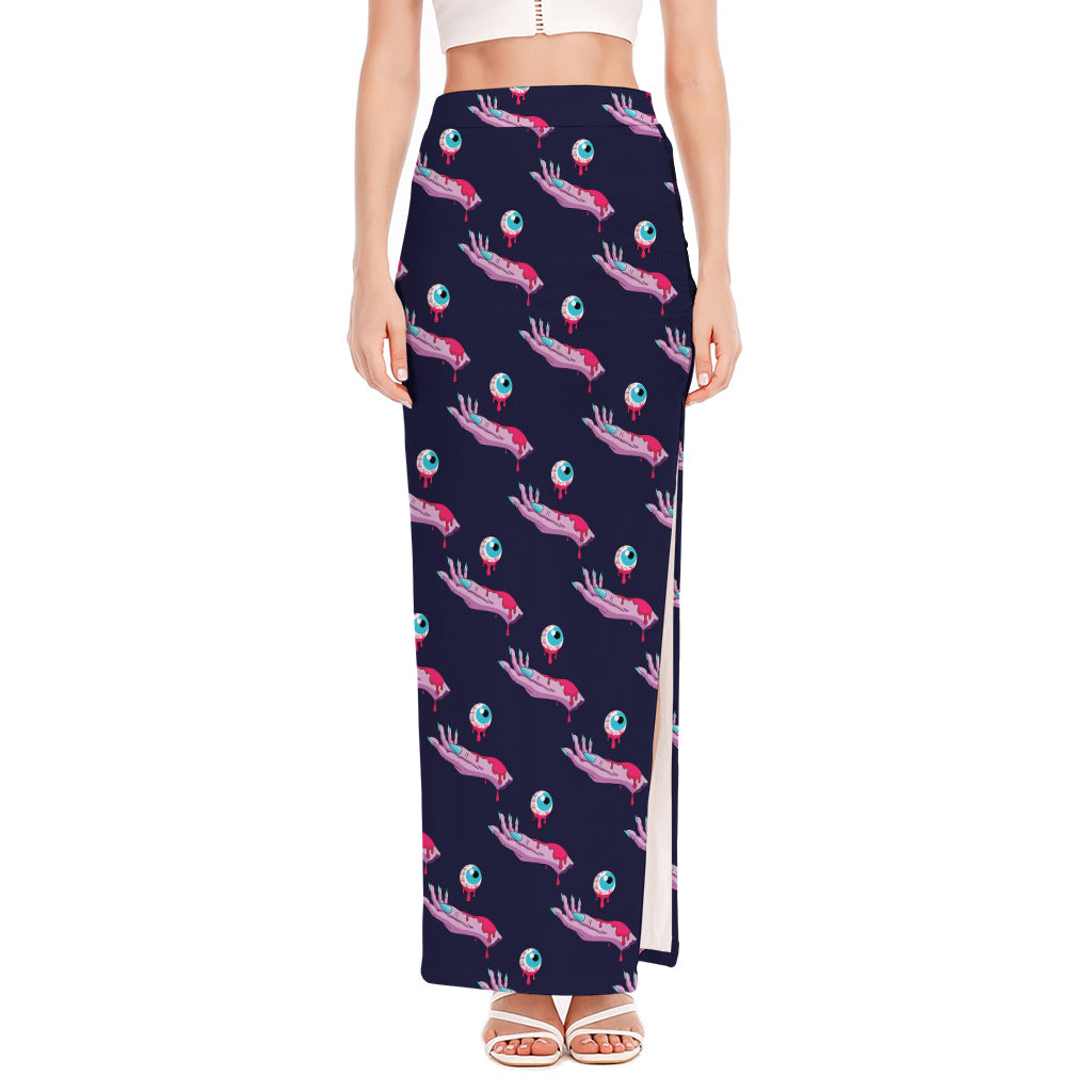 Zombie Eyeball Pattern Print High Slit Maxi Skirt