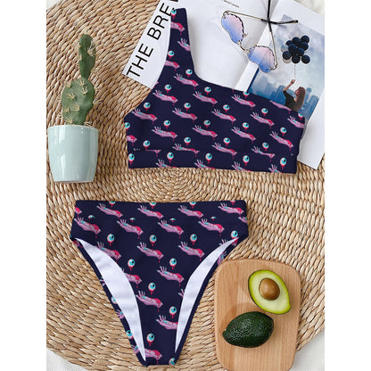 Zombie Eyeball Pattern Print One Shoulder Bikini Top