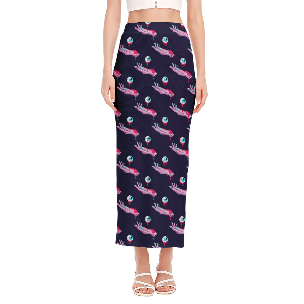 Zombie Eyeball Pattern Print Side Slit Maxi Skirt