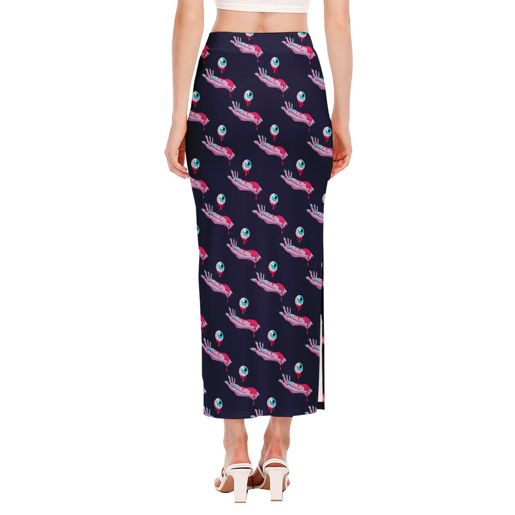 Zombie Eyeball Pattern Print Side Slit Maxi Skirt