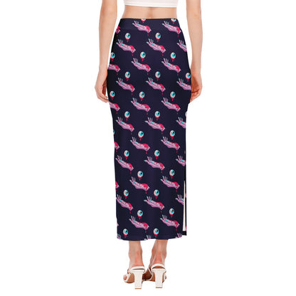 Zombie Eyeball Pattern Print Side Slit Maxi Skirt