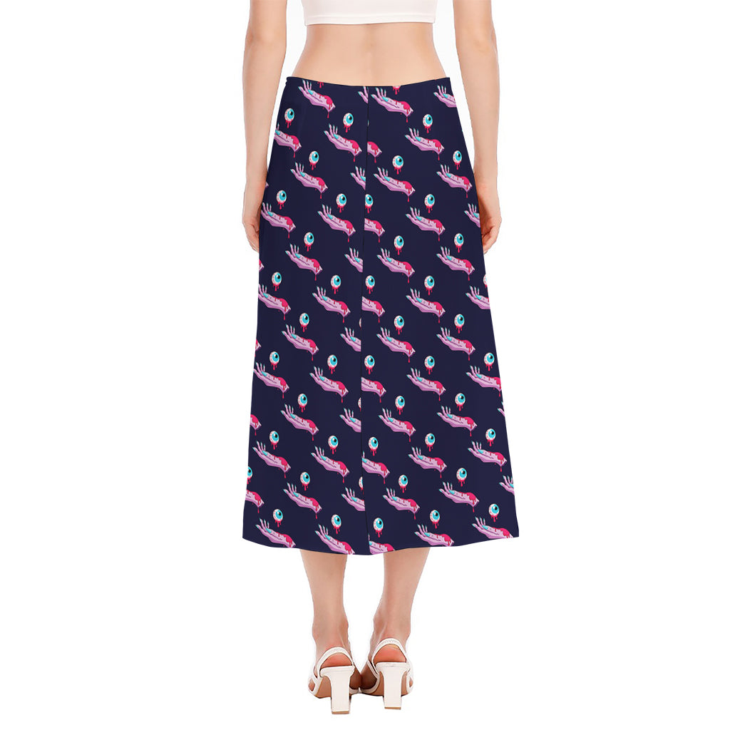 Zombie Eyeball Pattern Print Side Slit Midi Skirt