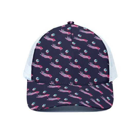 Zombie Eyeball Pattern Print White Mesh Trucker Cap