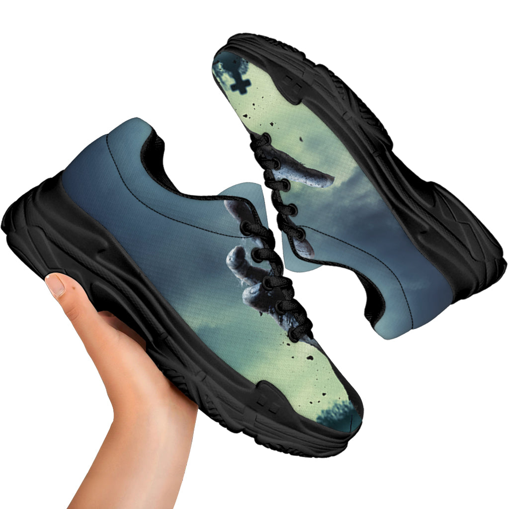 Zombie Hand Rising From Grave Print Black Chunky Shoes
