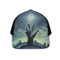 Zombie Hand Rising From Grave Print Black Mesh Trucker Hat