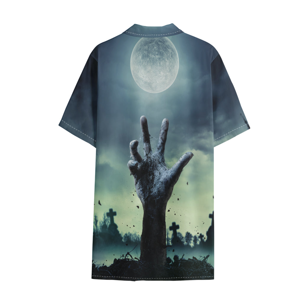 Zombie Hand Rising From Grave Print Cotton Hawaiian Shirt