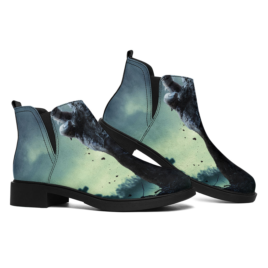 Zombie Hand Rising From Grave Print Flat Ankle Boots