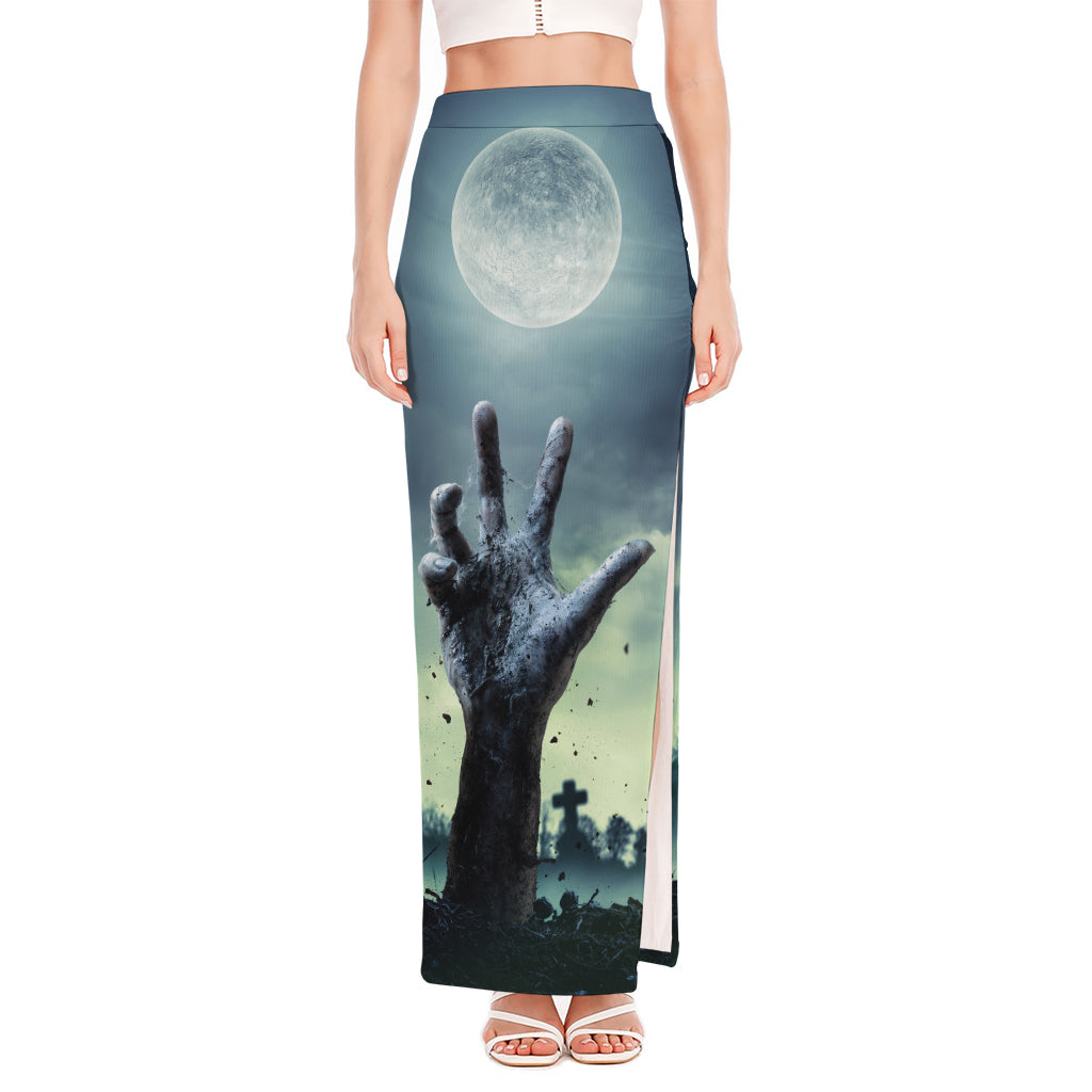 Zombie Hand Rising From Grave Print High Slit Maxi Skirt