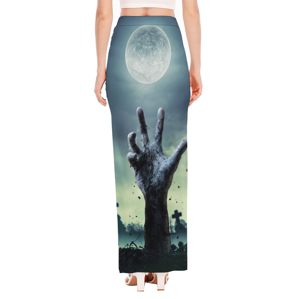 Zombie Hand Rising From Grave Print High Slit Maxi Skirt