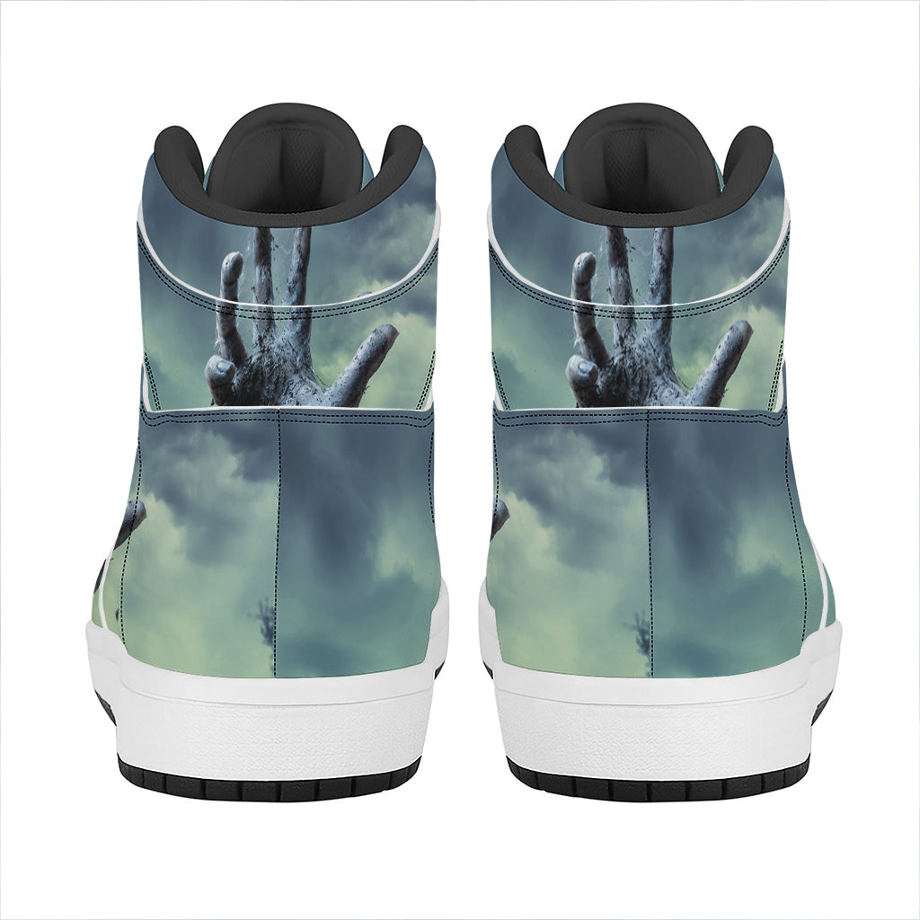 Zombie Hand Rising From Grave Print High Top Leather Sneakers