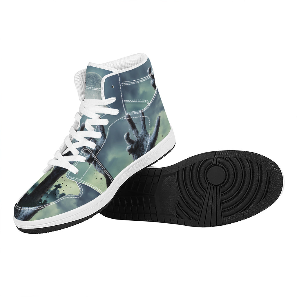 Zombie Hand Rising From Grave Print High Top Leather Sneakers