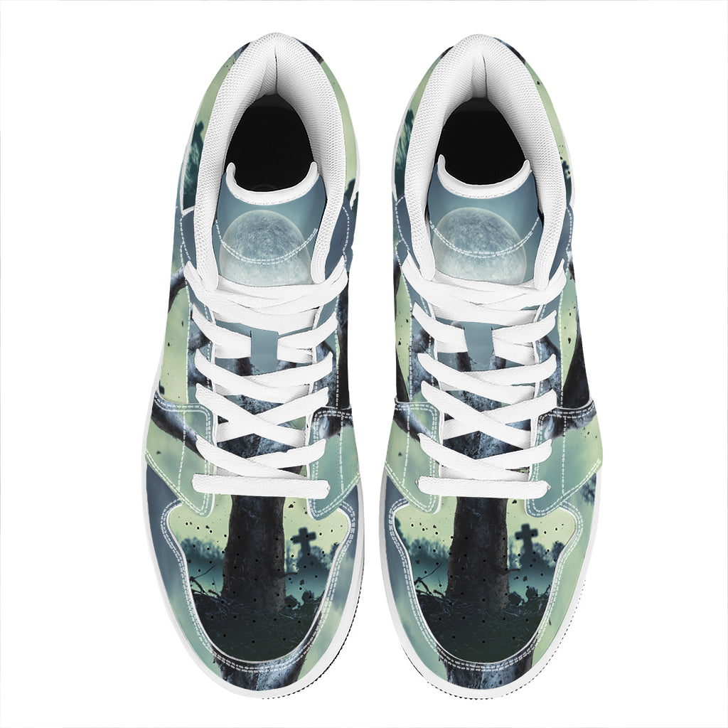 Zombie Hand Rising From Grave Print High Top Leather Sneakers