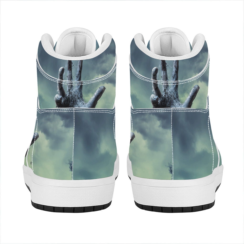 Zombie Hand Rising From Grave Print High Top Leather Sneakers