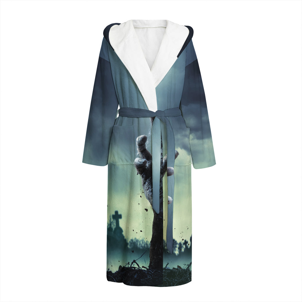 Zombie Hand Rising From Grave Print Hooded Bathrobe