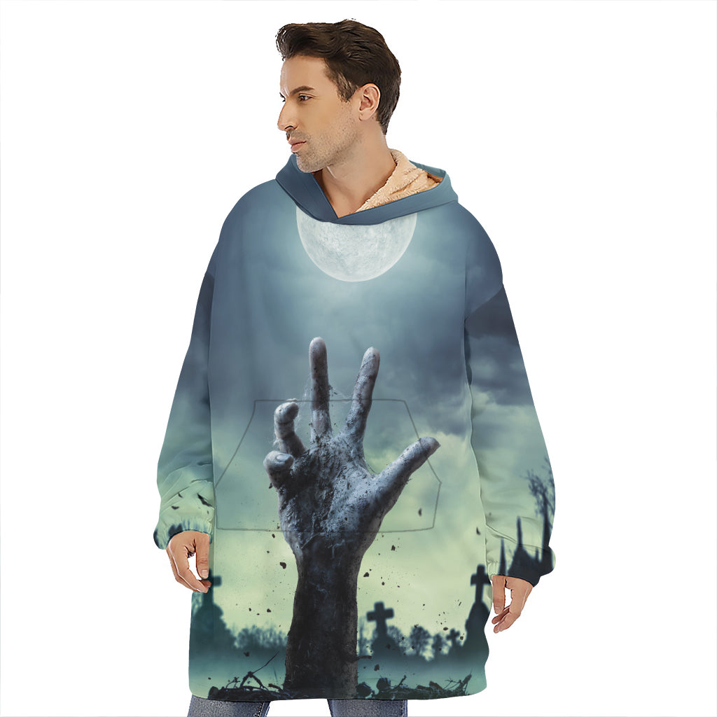 Zombie Hand Rising From Grave Print Hoodie Blanket