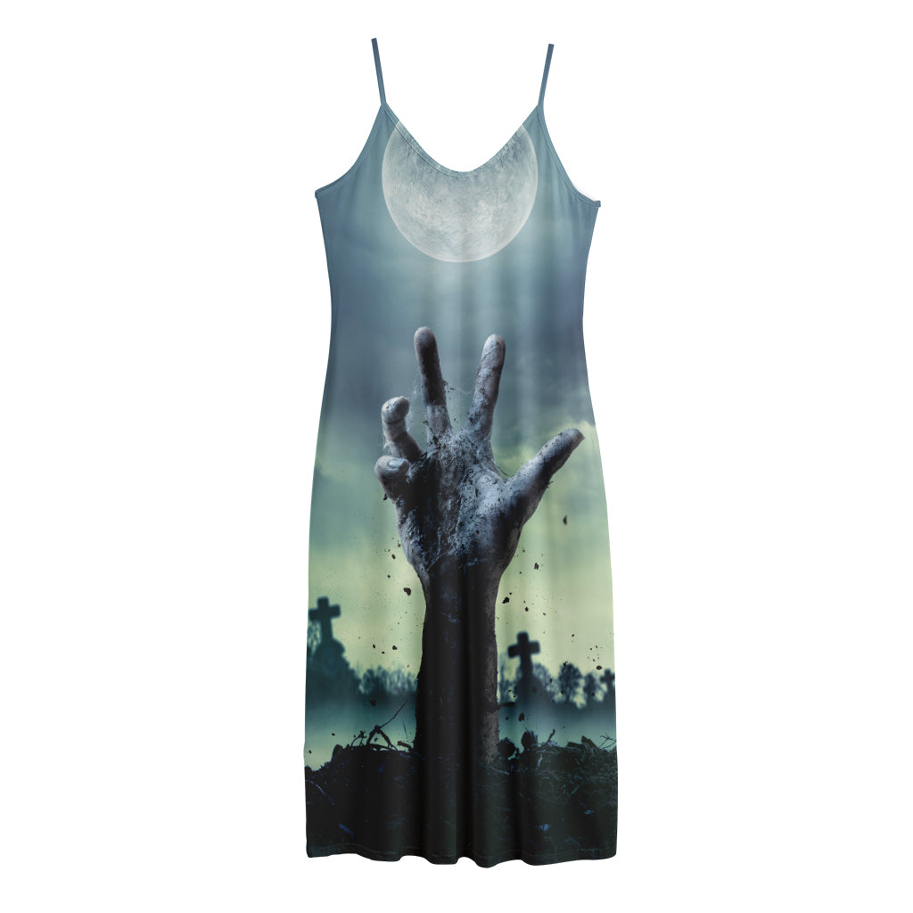 Zombie Hand Rising From Grave Print Jersey Midi Cami Dress