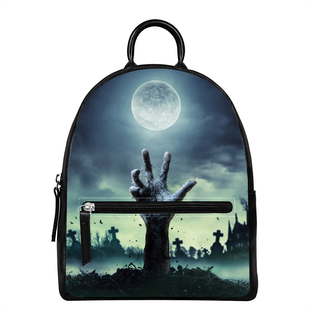 Zombie Hand Rising From Grave Print Leather Backpack