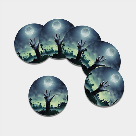 Zombie Hand Rising From Grave Print Leather Coaster Set