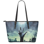Zombie Hand Rising From Grave Print Leather Tote Bag