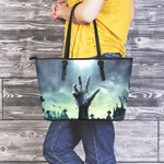 Zombie Hand Rising From Grave Print Leather Tote Bag