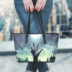 Zombie Hand Rising From Grave Print Leather Tote Bag