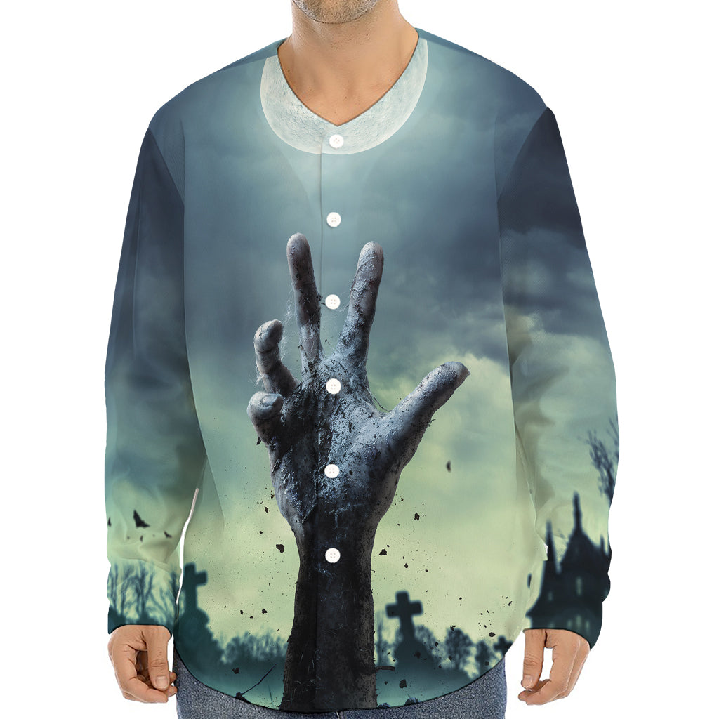 Zombie Hand Rising From Grave Print Long Sleeve Baseball Jersey