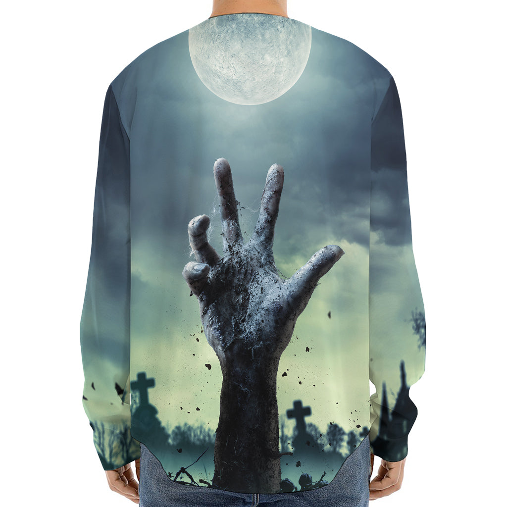 Zombie Hand Rising From Grave Print Long Sleeve Baseball Jersey