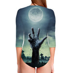 Zombie Hand Rising From Grave Print Long Sleeve Swimsuit
