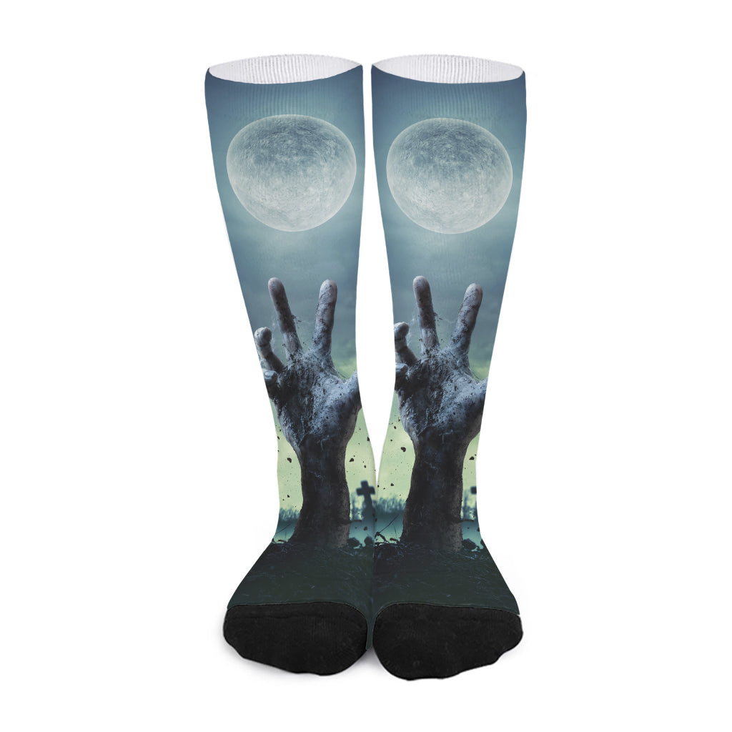 Zombie Hand Rising From Grave Print Long Socks