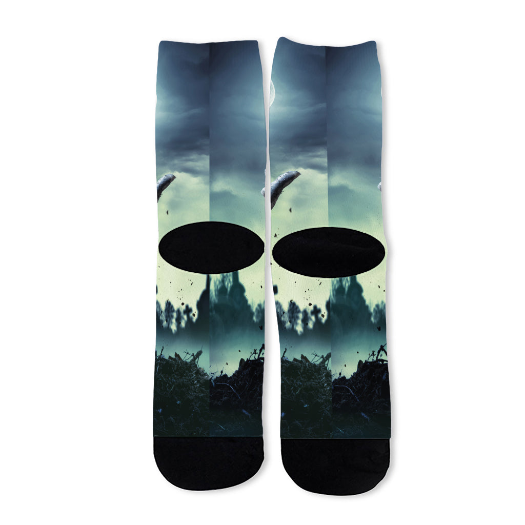 Zombie Hand Rising From Grave Print Long Socks