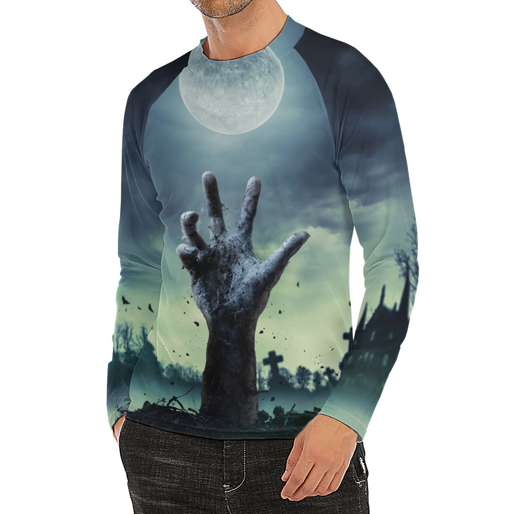 Zombie Hand Rising From Grave Print Men's Long Sleeve Rash Guard