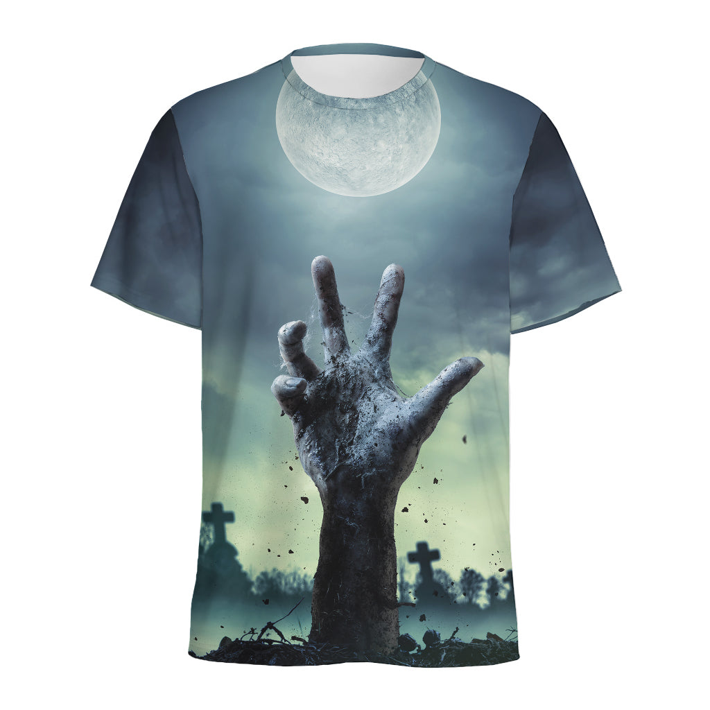 Zombie Hand Rising From Grave Print Men's Sports T-Shirt