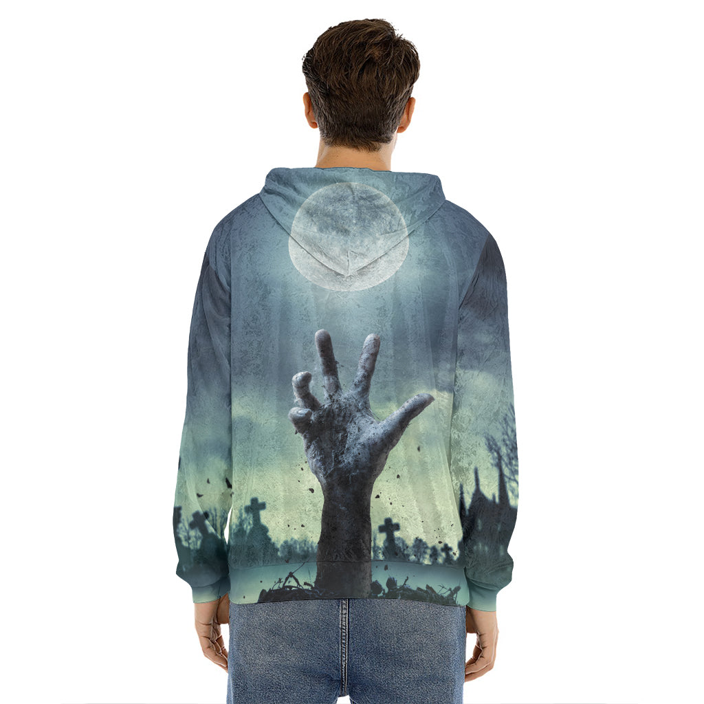 Zombie Hand Rising From Grave Print Men's Velvet Pullover Hoodie
