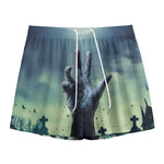 Zombie Hand Rising From Grave Print Mesh Shorts
