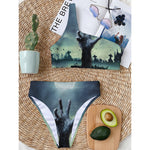 Zombie Hand Rising From Grave Print One Shoulder Bikini Top