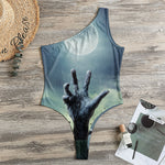 Zombie Hand Rising From Grave Print One Shoulder Bodysuit