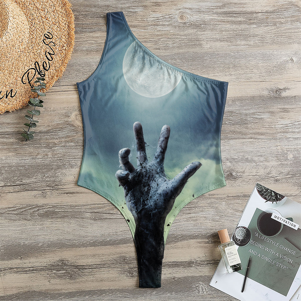 Zombie Hand Rising From Grave Print One Shoulder Bodysuit