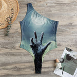 Zombie Hand Rising From Grave Print One Shoulder Bodysuit