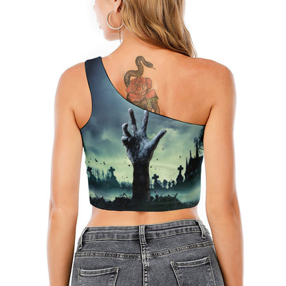 Zombie Hand Rising From Grave Print One Shoulder Crop Top