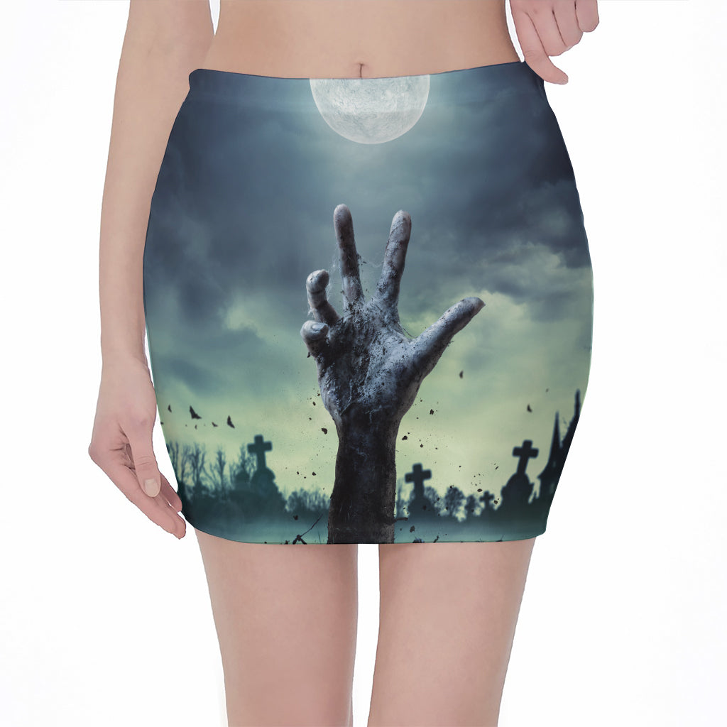 Zombie Hand Rising From Grave Print Pencil Mini Skirt