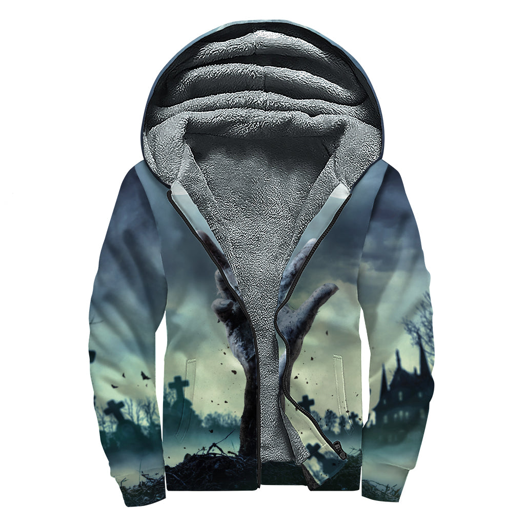 Zombie Hand Rising From Grave Print Sherpa Lined Zip Up Hoodie